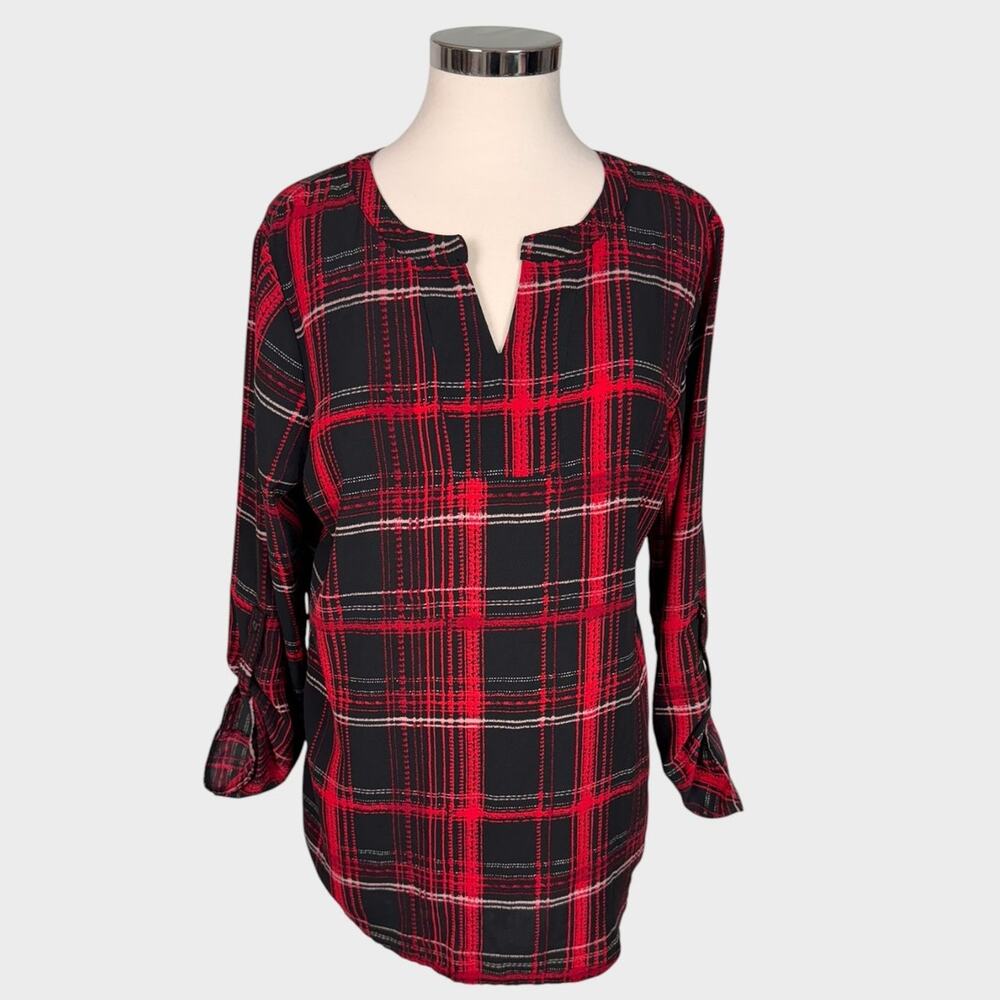 Christopher & Banks Medium Black Red Plaid Roll Tab Sleeves Polyester